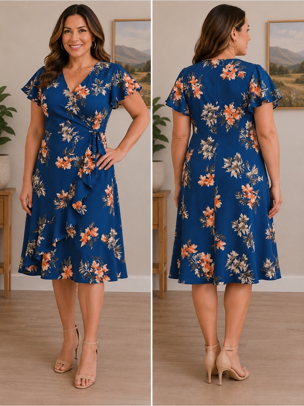 Banana Republic Blue Floral Wrap Dress Petite 12 Ruffle Hem Midi Dress